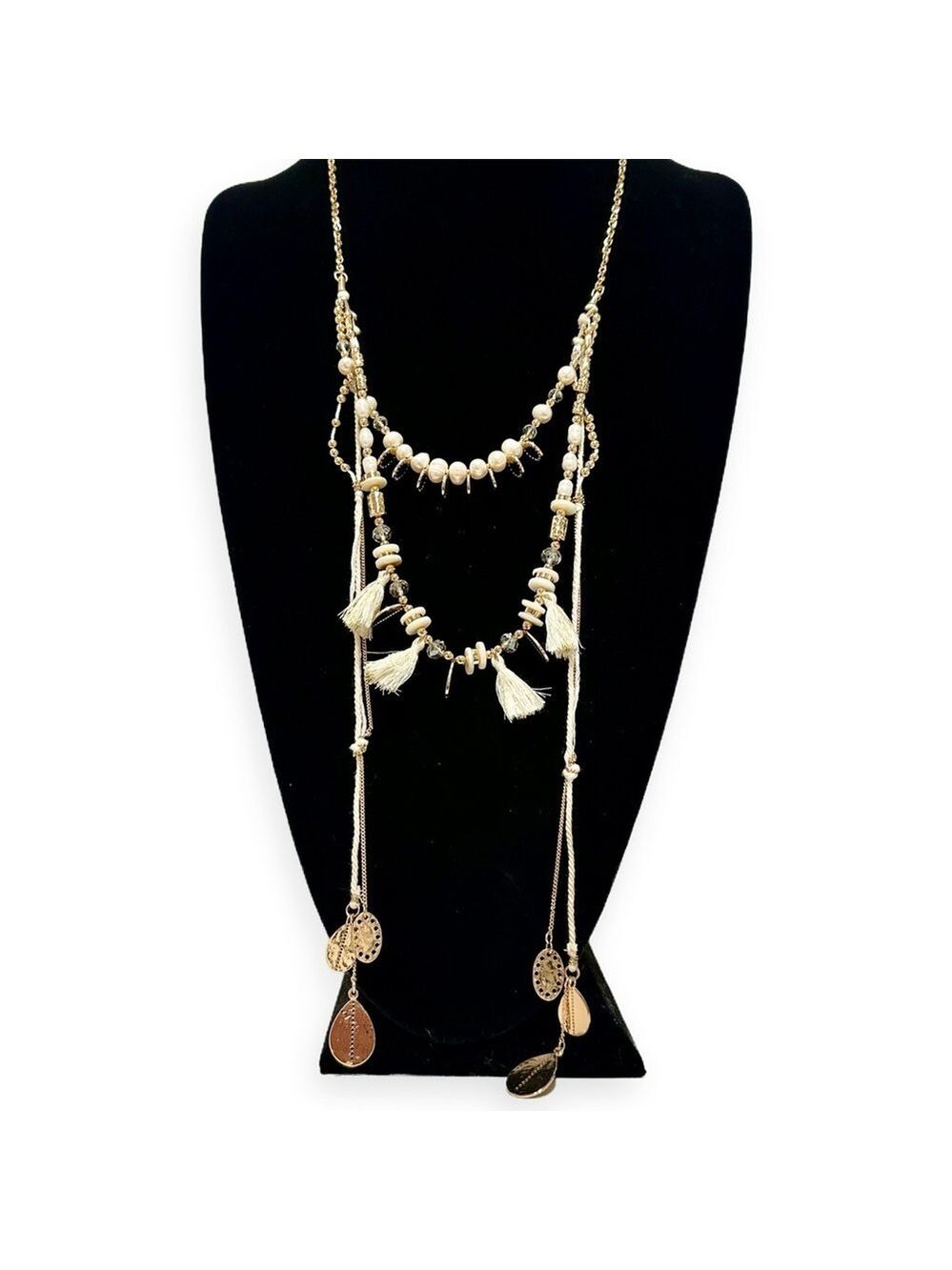 WHITE HOUSE BLACK MARKET Boho Luxe White & Gold Teardrop Layered Necklace | NWT - Picture 4 of 11